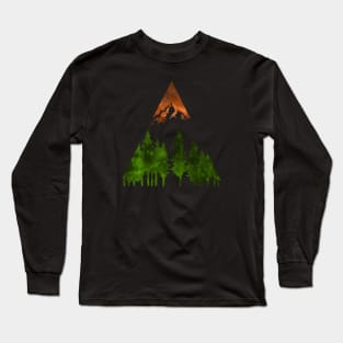 Dramatic mountain and forest scene in green and orange watercolors Long Sleeve T-Shirt